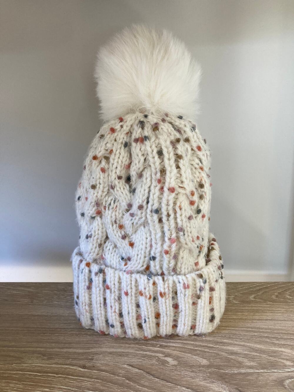 Made in Spain Cream Confetti Knit Pom Pom Beanie Multicolor Fleck Hat